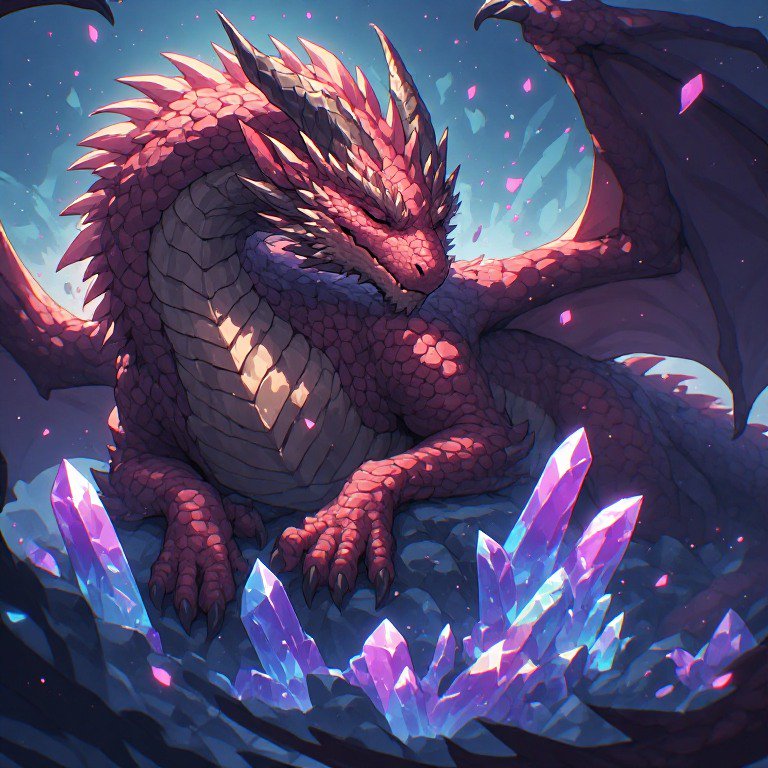 Red dragon perched among glowing purple crystals in a fantasy crystal cavern.