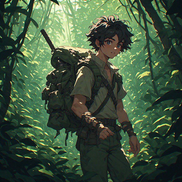 Young adventurer in a jungle, wearing a green uniform and a heavy backpack, ready for exploration.