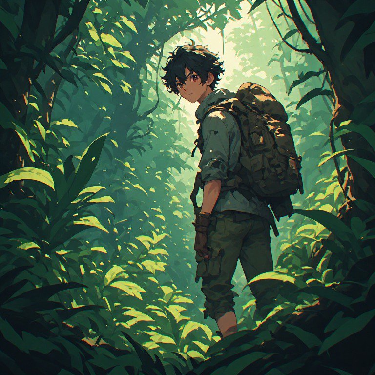 Young adventurer with a backpack in a lush jungle, looking back over his shoulder.