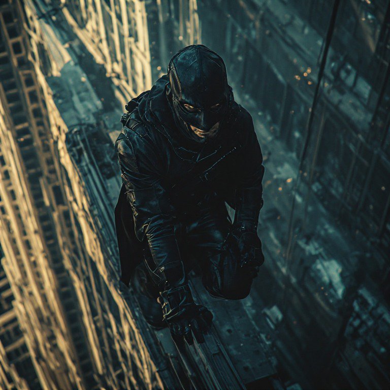 Batman-style vigilante in a black suit perched on a skyscraper ledge at night against a neon-lit ...