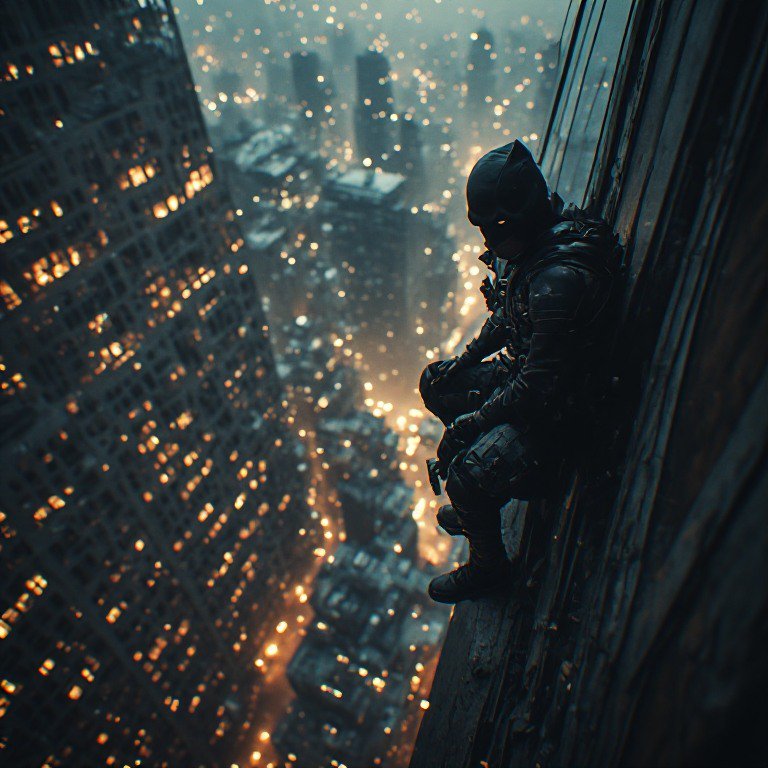 Batman perched on a skyscraper ledge above a glowing city at night.