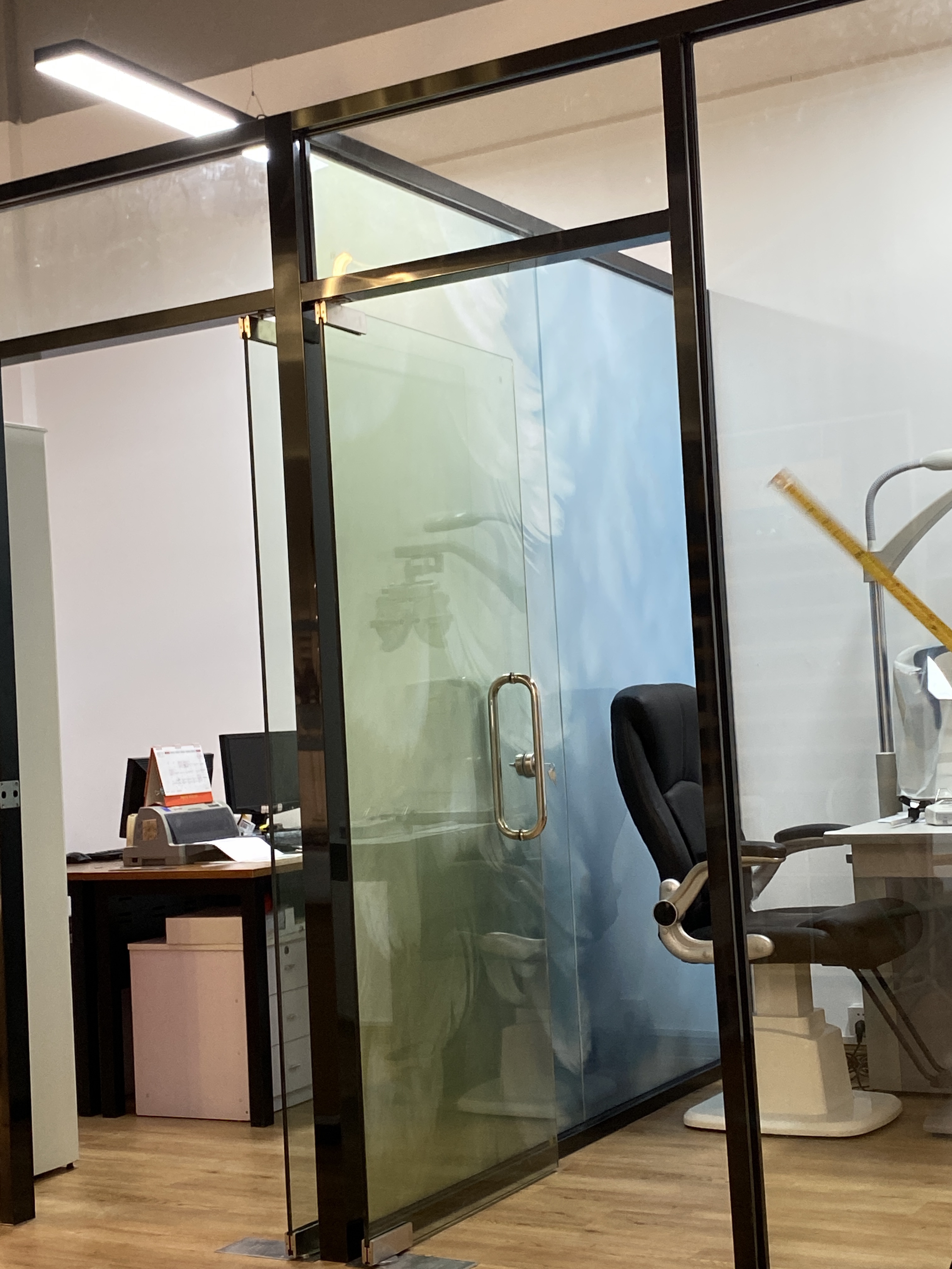 Modern glass-walled office area with a frosted glass door and black metal frame.