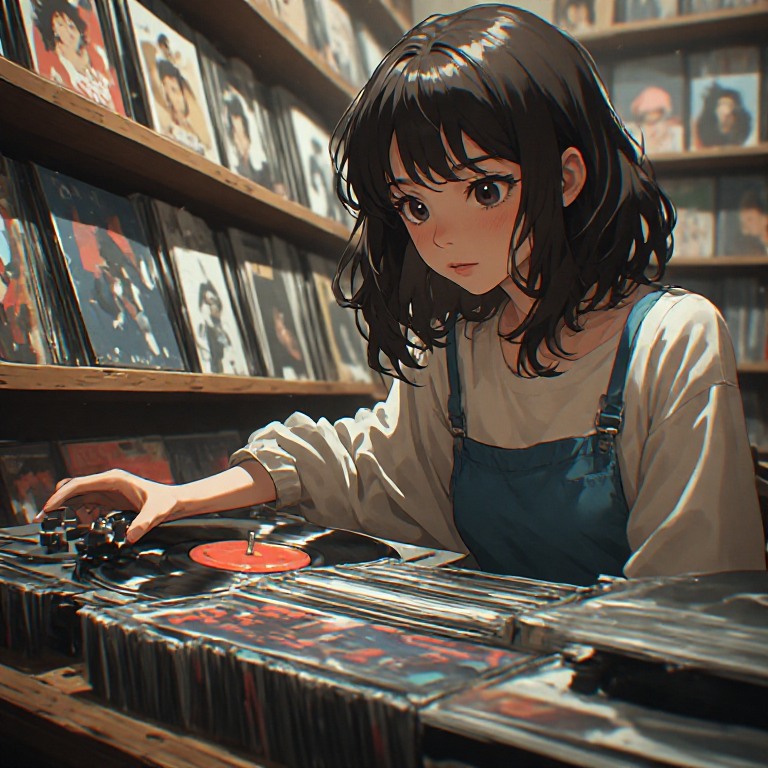 Anime-style girl with black hair in a blue overall jacket selects a vinyl record in a cozy record shop.