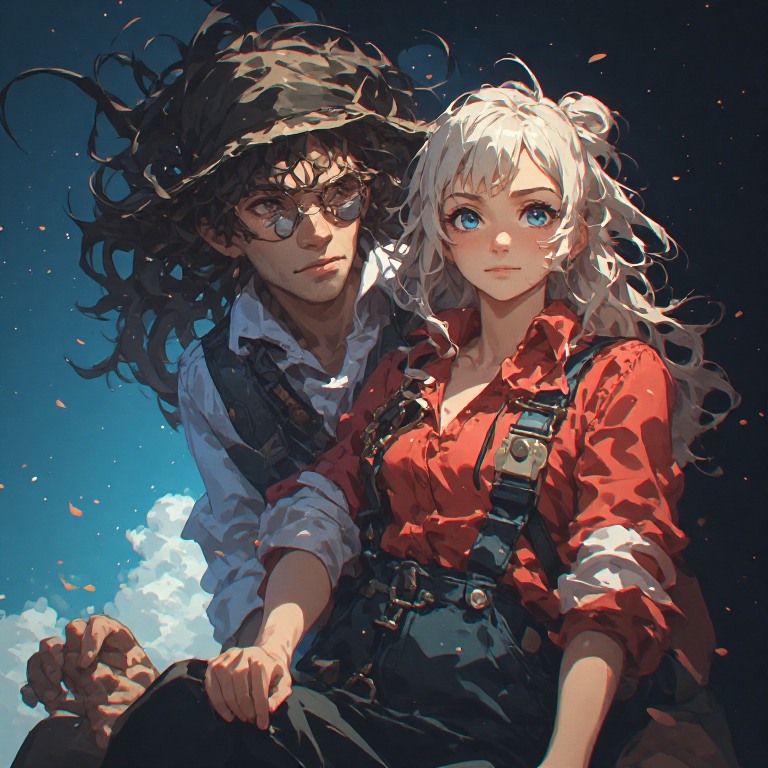 Two anime-style characters, a dark-haired person with glasses and a white shirt, and a white-haired person in a red outfit...