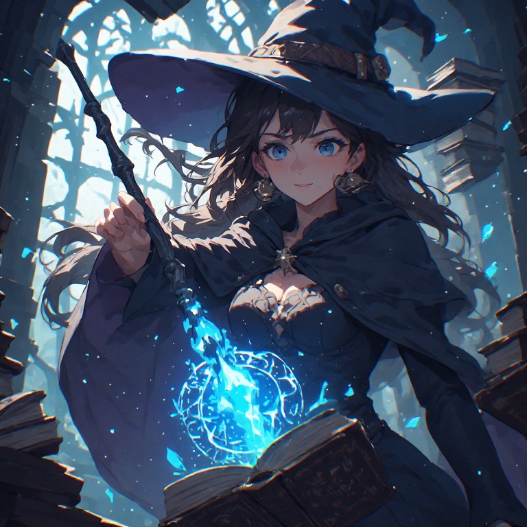 Anime-style witch with a blue glowing magic circle, wearing a wide-brim hat and cloak among books.