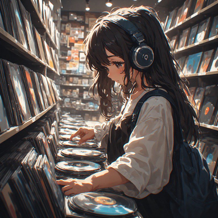 Anime-style girl with headphones browsing vinyl records in a dimly lit record store.