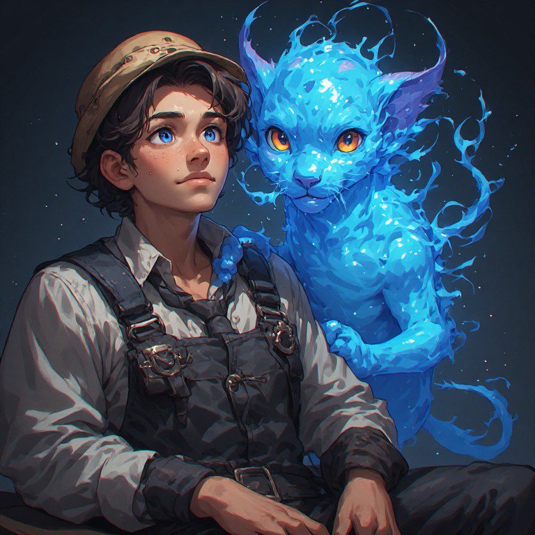 Young explorer in overalls with a blue ethereal dragon beside them