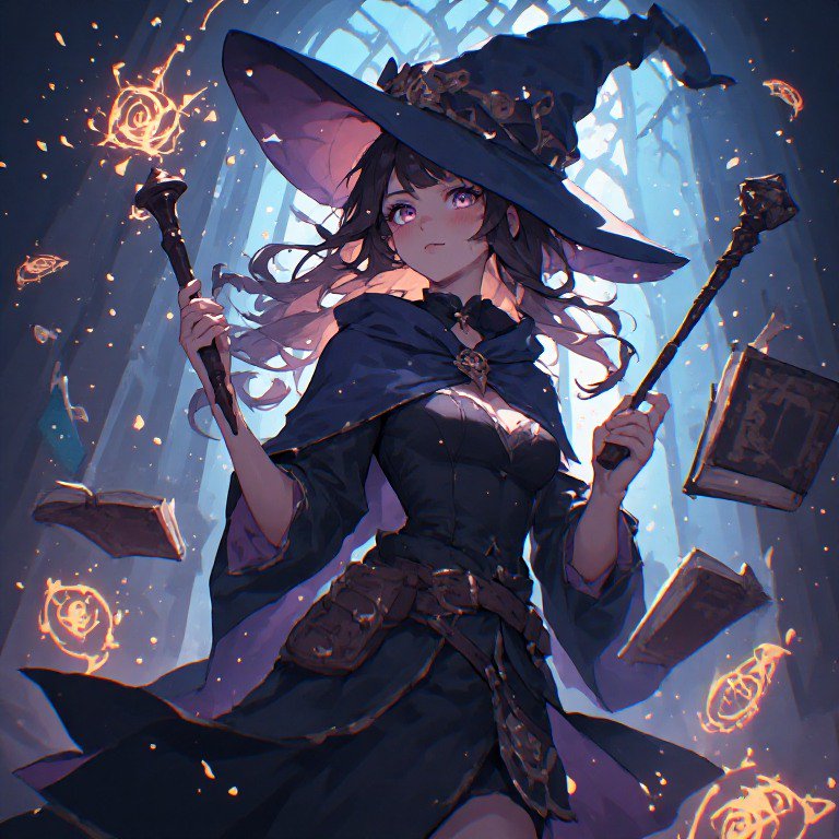 Young witch in a dark blue dress and wide hat, casting spells with floating books and glowing run...