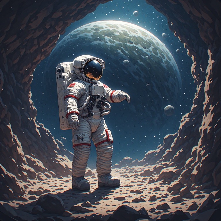 Astronaut in a space suit walking inside a rocky lunar cave with a distant planet and moons in the background