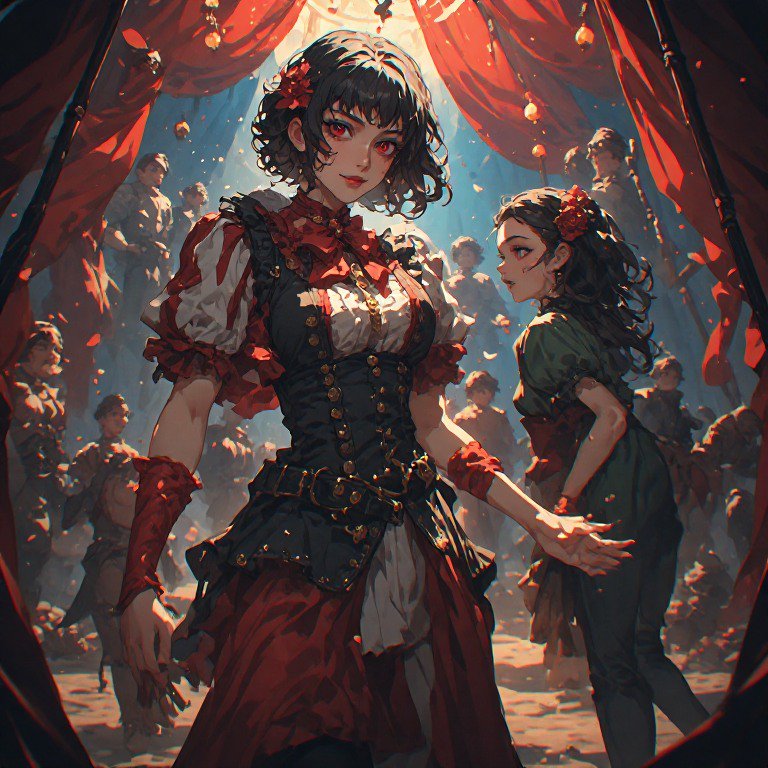 Woman in a detailed Victorian-inspired dress at a festive carnival with red drapery and a lively ...