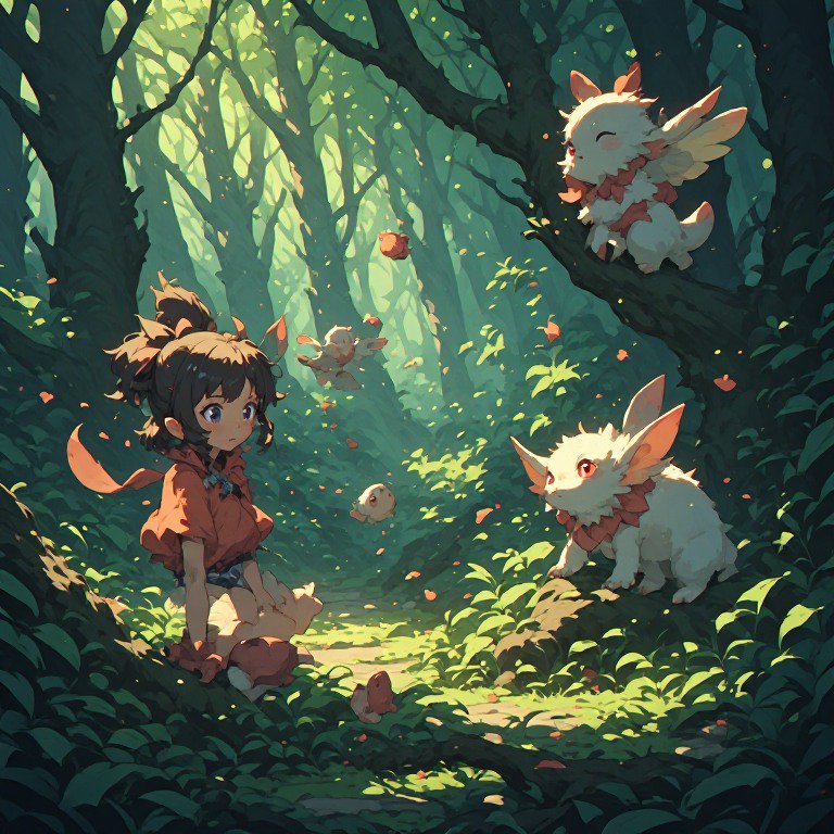 Young girl with fox-like ears sits in a sunlit forest, surrounded by fluffy white rabbits.
