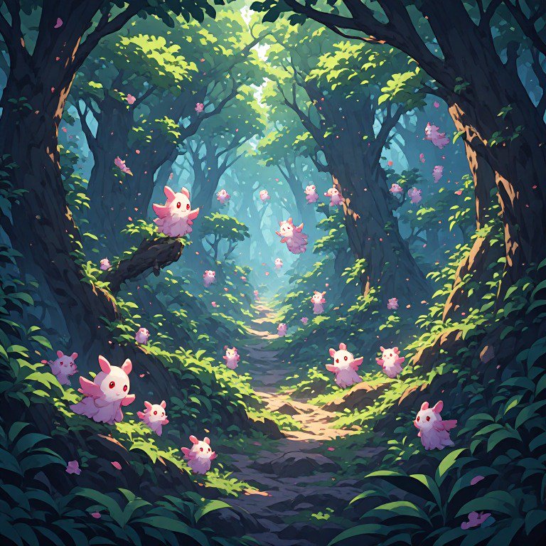 Whimsical forest path filled with pink fluffy bunny creatures bathed in dappled sunlight.