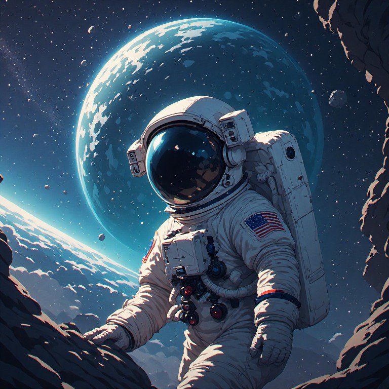 Astronaut in white suit with flag patch exploring a rocky asteroid as a blue Earth-like planet lo...