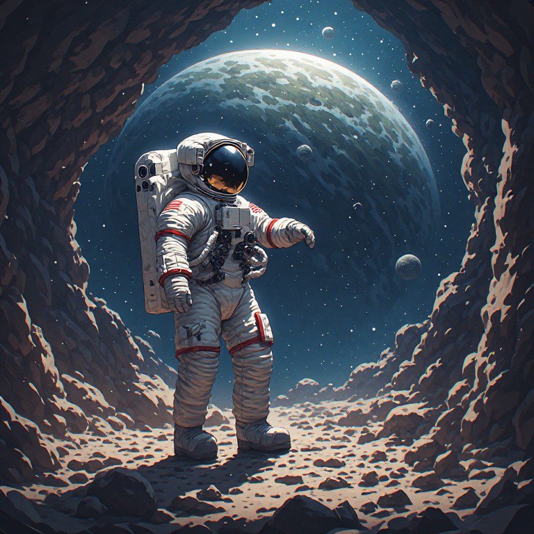 Astronaut in a space suit walking inside a rocky lunar cave with a distant planet and moons in th...