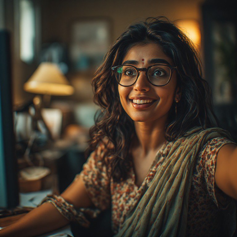 Smiling woman wearing glasses at a cozy indoor cafe.