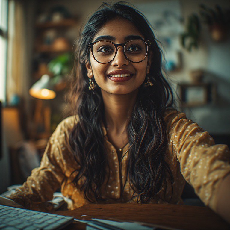 Smiling woman with glasses at a wooden desk in a cozy indoor setting