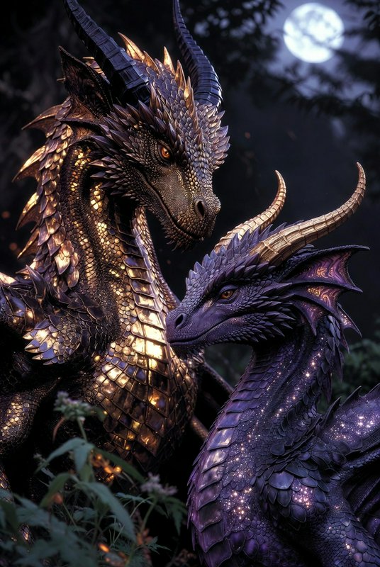 Two ornate dragons with gold and purple iridescent scales under a full moon.