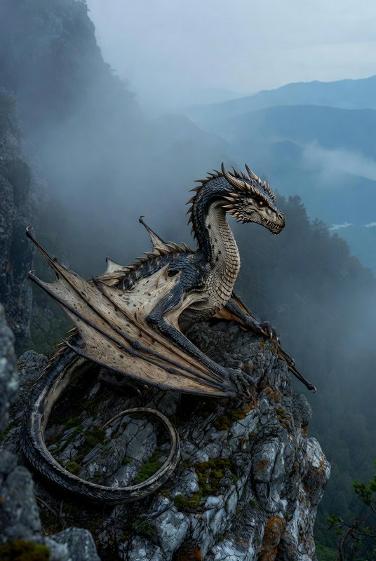 A detailed dragon perched on a rocky cliff with misty mountains in the background