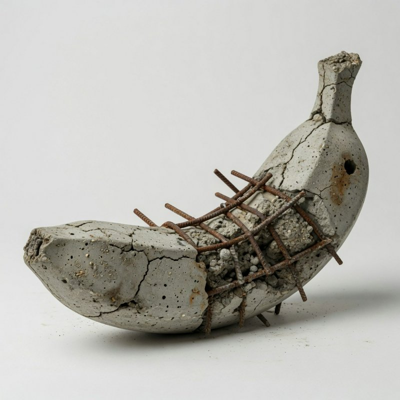 Cracked concrete pipe fragment bound with rusted rebar, curved shape on neutral backdrop