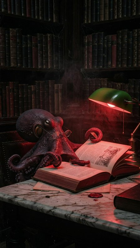 An octopus wearing glasses sits at a marble desk in a dark library, studying an open book under a...