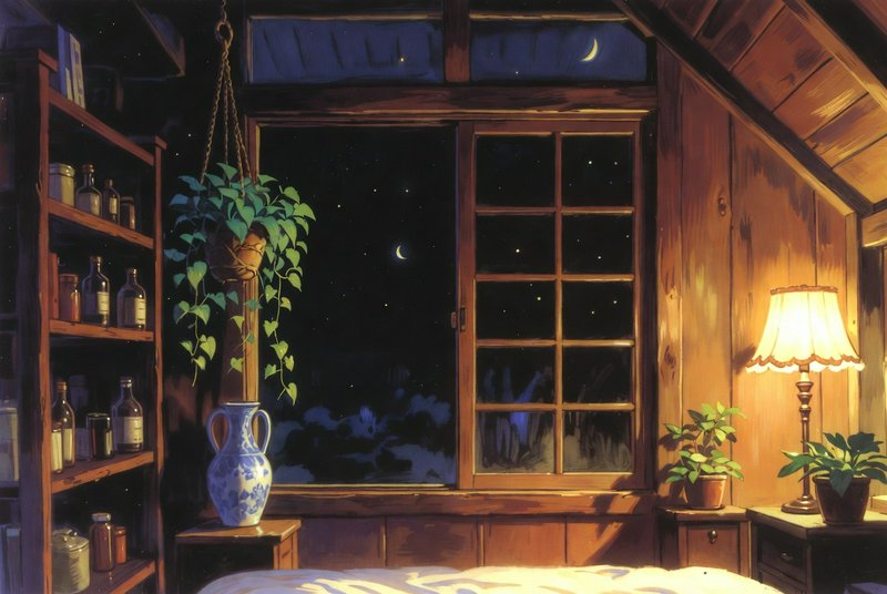 Cozy attic bedroom at night with wooden beams, bottles on shelves, a hanging plant, and a warm la...