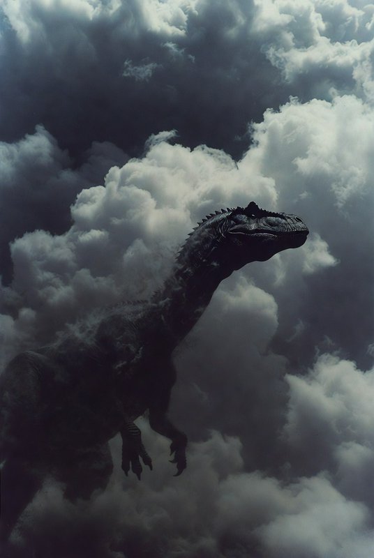 Dark dinosaur-like dragon silhouette emerging from stormy clouds in a dramatic sky.