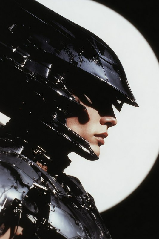 A close-up side profile of a person wearing a glossy black futuristic helmet and armor.