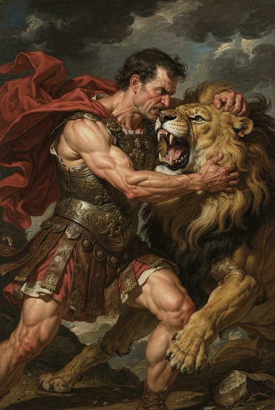 Muscular warrior in armor and red cape grappling a roaring lion in a dramatic battle scene.