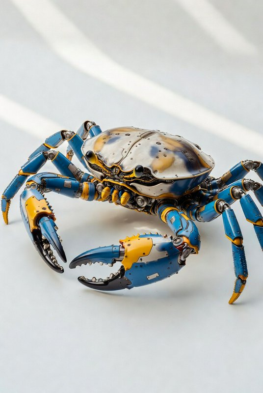 Blue and yellow mechanical crab robot with articulated claws on a light surface.