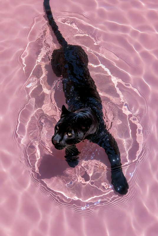 Black panther swimming in pink water with rippling reflections
