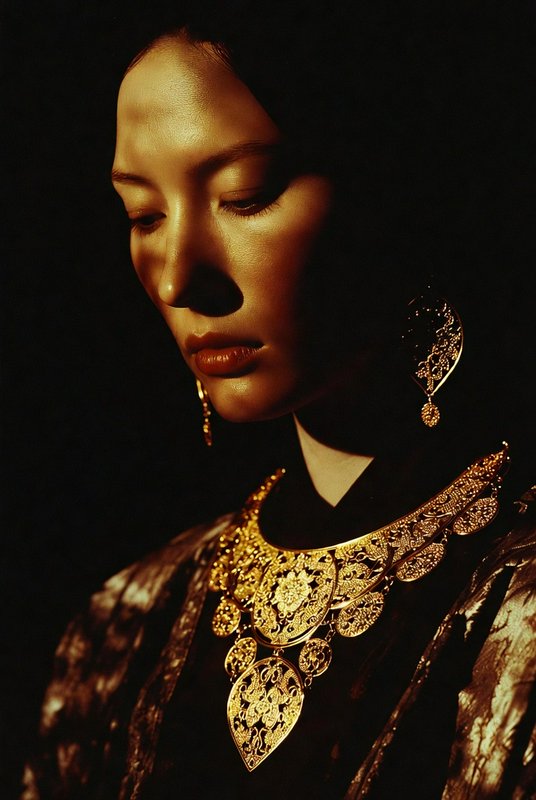 Close-up portrait of a woman wearing ornate filigree gold jewelry, lit by warm golden light, eyes...