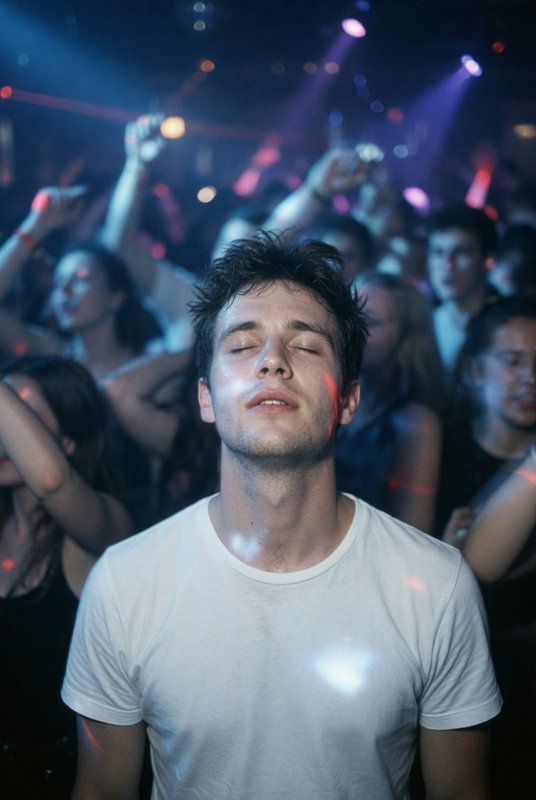 [Young man with closed eyes in a white t-shirt stands immersed in a crowded, colorfully lit nightclub dance floor]