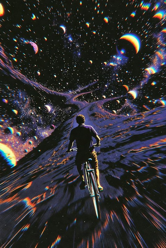 Back view of a person riding a bicycle along a winding cosmic road through starry outer space fil...