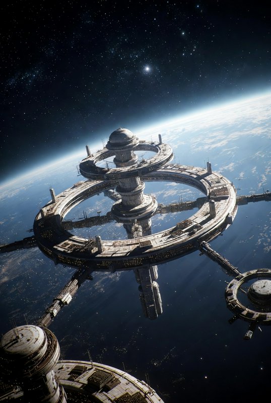 Massive futuristic ringed orbital space station floats above cloud-covered Earth against a dark s...