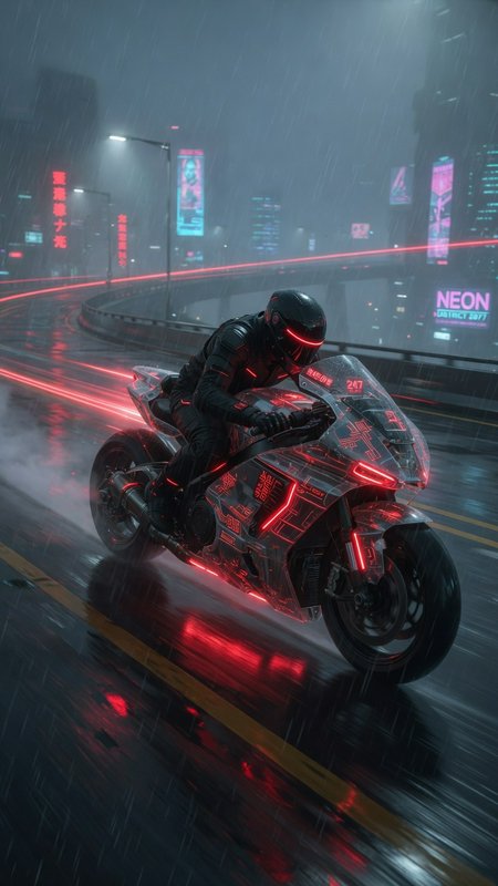 Cyberpunk rider with glowing red helmet speeds on neon-lit futuristic motorcycle across a rainy f...