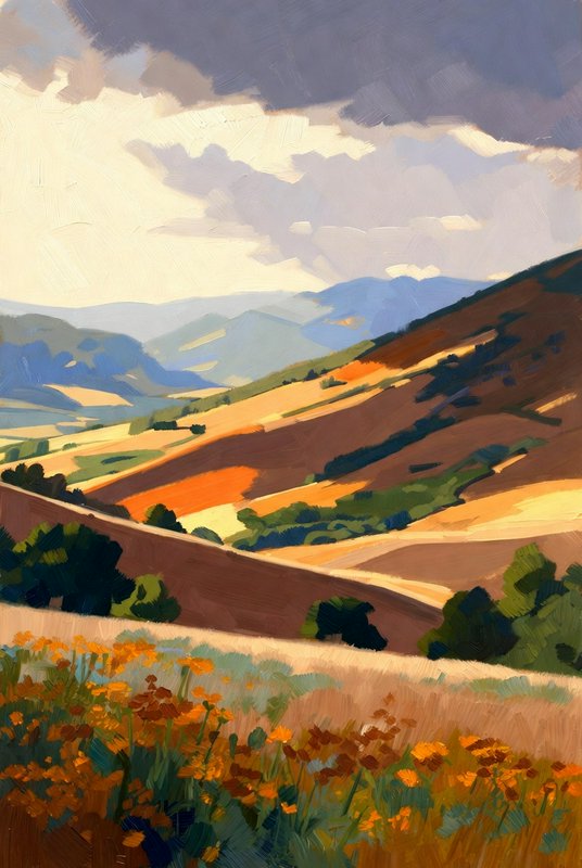 Impressionist oil landscape of rolling countryside hills, orange wildflower foreground, distant m...