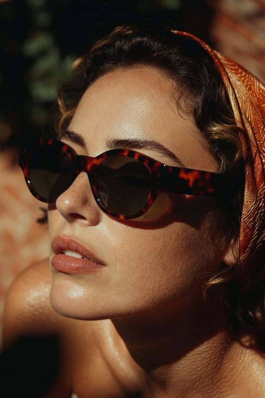 Close-up portrait of a woman wearing chunky tortoiseshell sunglasses and a copper silk headscarf,...
