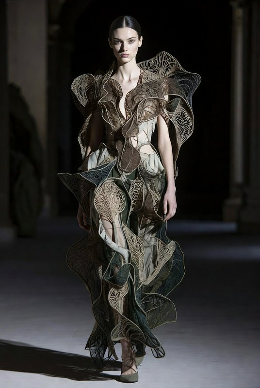 Model walks a dim fashion runway wearing an intricate sculptural leaf filigree avant-garde coutur...