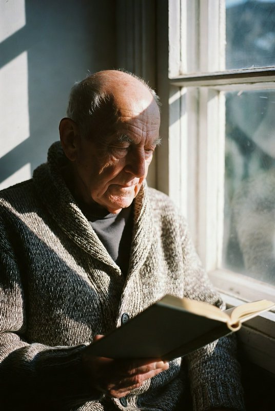 Elderly senior man in a knit cardigan reads a hardcover book beside a sunlit home window in warm ...