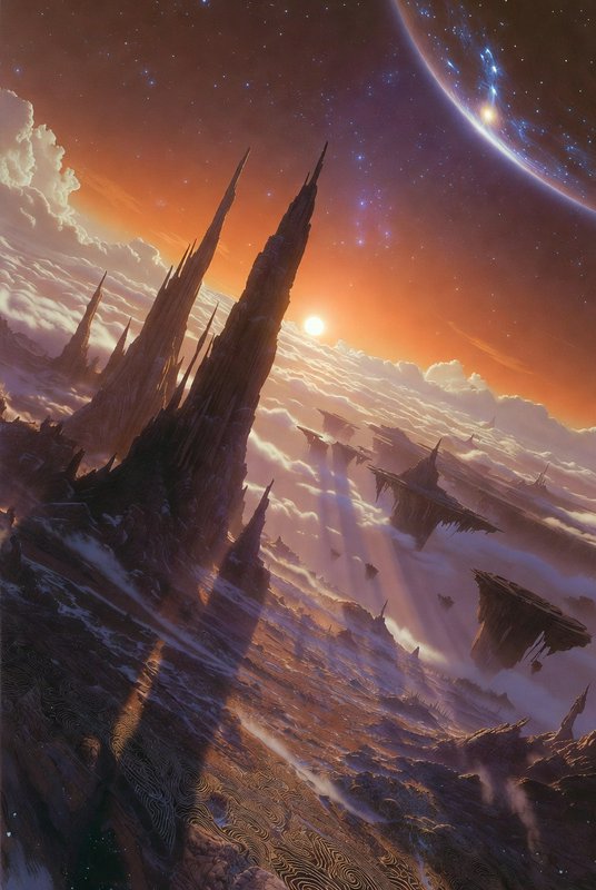 Surreal alien landscape with jagged spires rising above a cloud sea, glowing sunset, and large or...