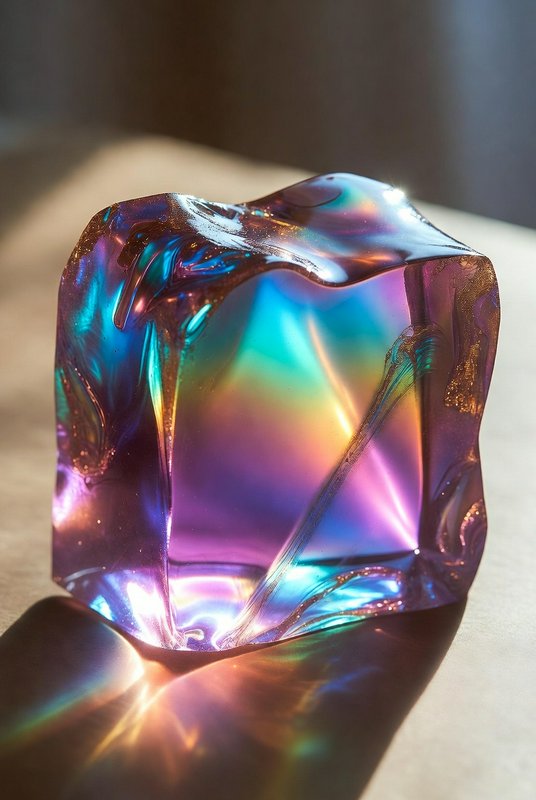 Close-up of an irregular iridescent glass cube refracting rainbow prismatic light on a smooth neu...