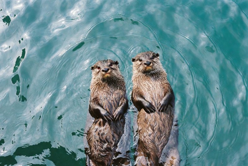 Two wet brown sea otters float side-by-side on their backs, looking up from bright rippled turquoise water.