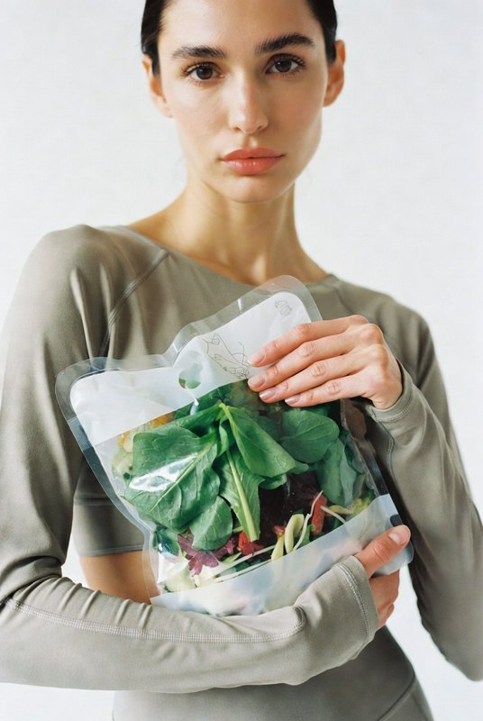 Fit woman in activewear holding a reusable sealed pouch of fresh mixed salad greens against a pla...