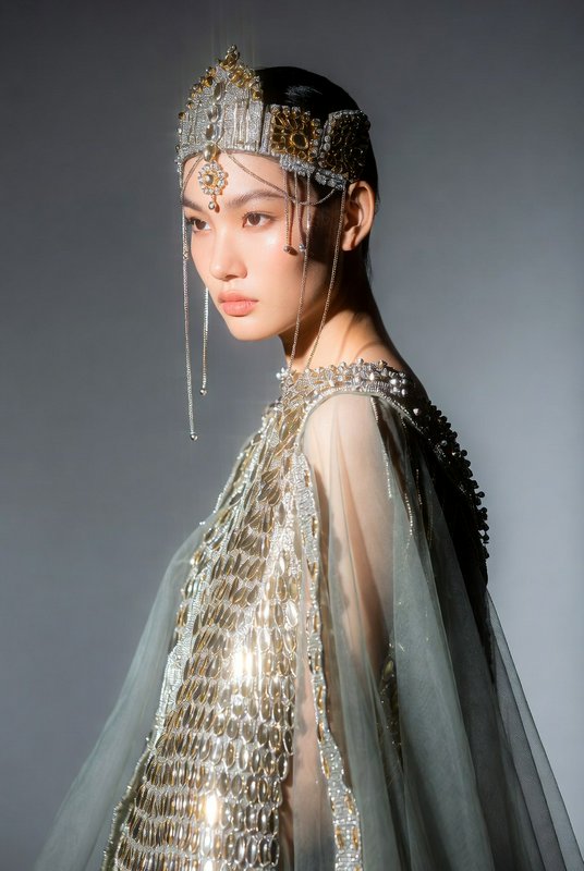 Studio portrait of a poised East Asian model wearing an ornate jeweled crown and metallic beaded ...