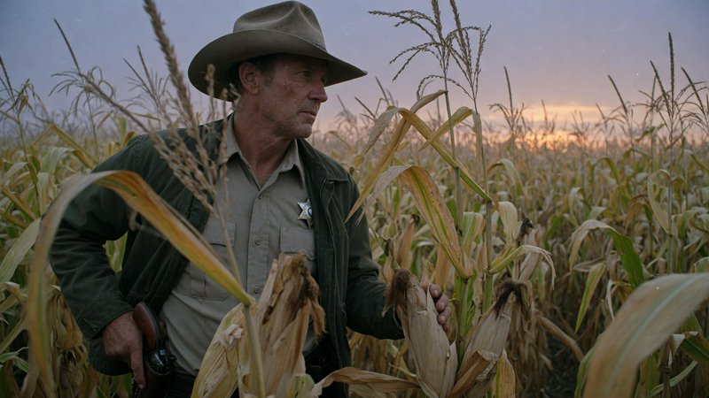 Sheriff in a wide brim cowboy hat stands in a mature cornfield, holding a revolver as he inspects...