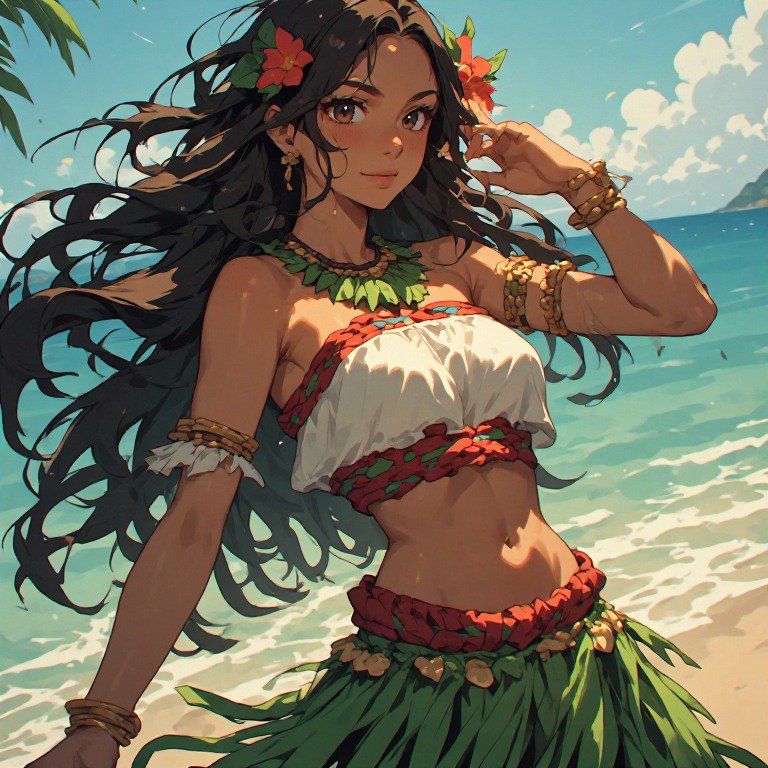 Anime-style tropical hula dancer on a sunny beach with flowers and leaf-inspired accessories