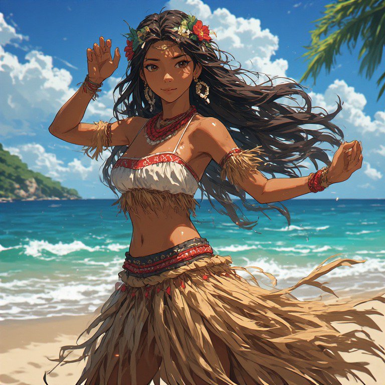 Animated Hawaiian hula dancer on a sunny beach wearing a grass skirt and flower crown.