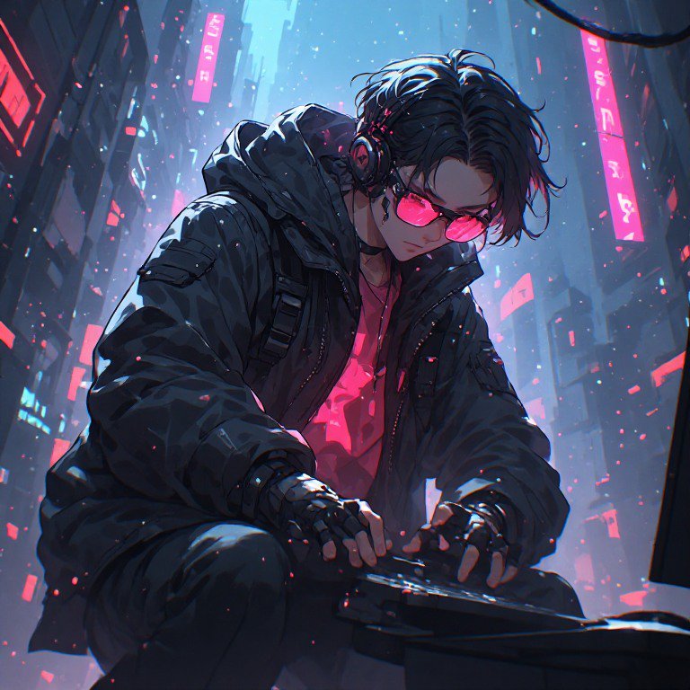 Neon-lit hacker in a dark jacket and pink sunglasses, crouching with a device in a futuristic cit...