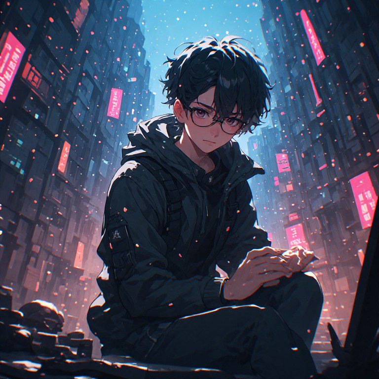 Anime-style young man with glasses crouching in a neon-lit urban alley with blue tones and pink s...