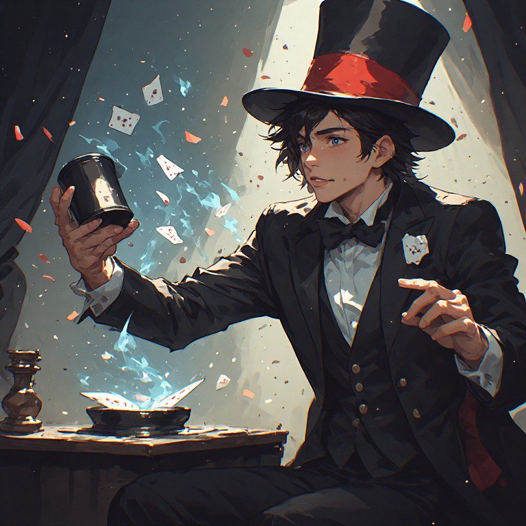 Young magician in a tuxedo and top hat performs magic with cards and blue flame.